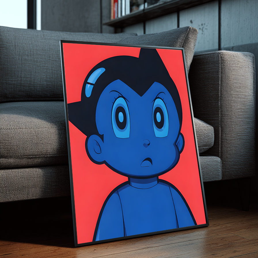 Astro Boy framed poster leaning against a gray sofa in a modern interior with wood floors, bookshelves, and contemporary decor.