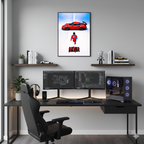 Anime Porsche framed poster above modern desk setup with dual monitors, office wall decor for men