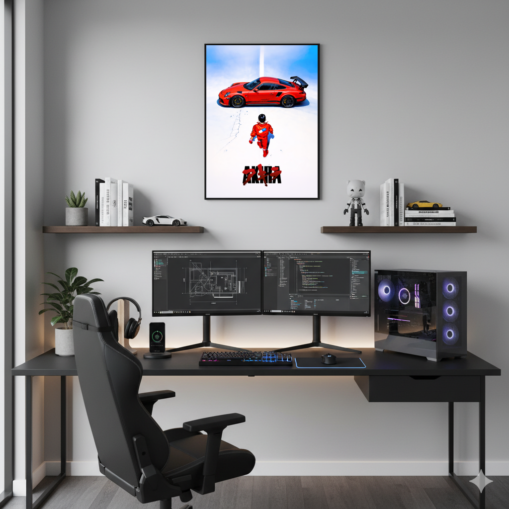 Anime Porsche framed poster above modern desk setup with dual monitors, office wall decor for men