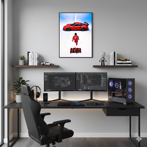 Anime Porsche framed poster above modern desk setup with dual monitors, office wall decor for men