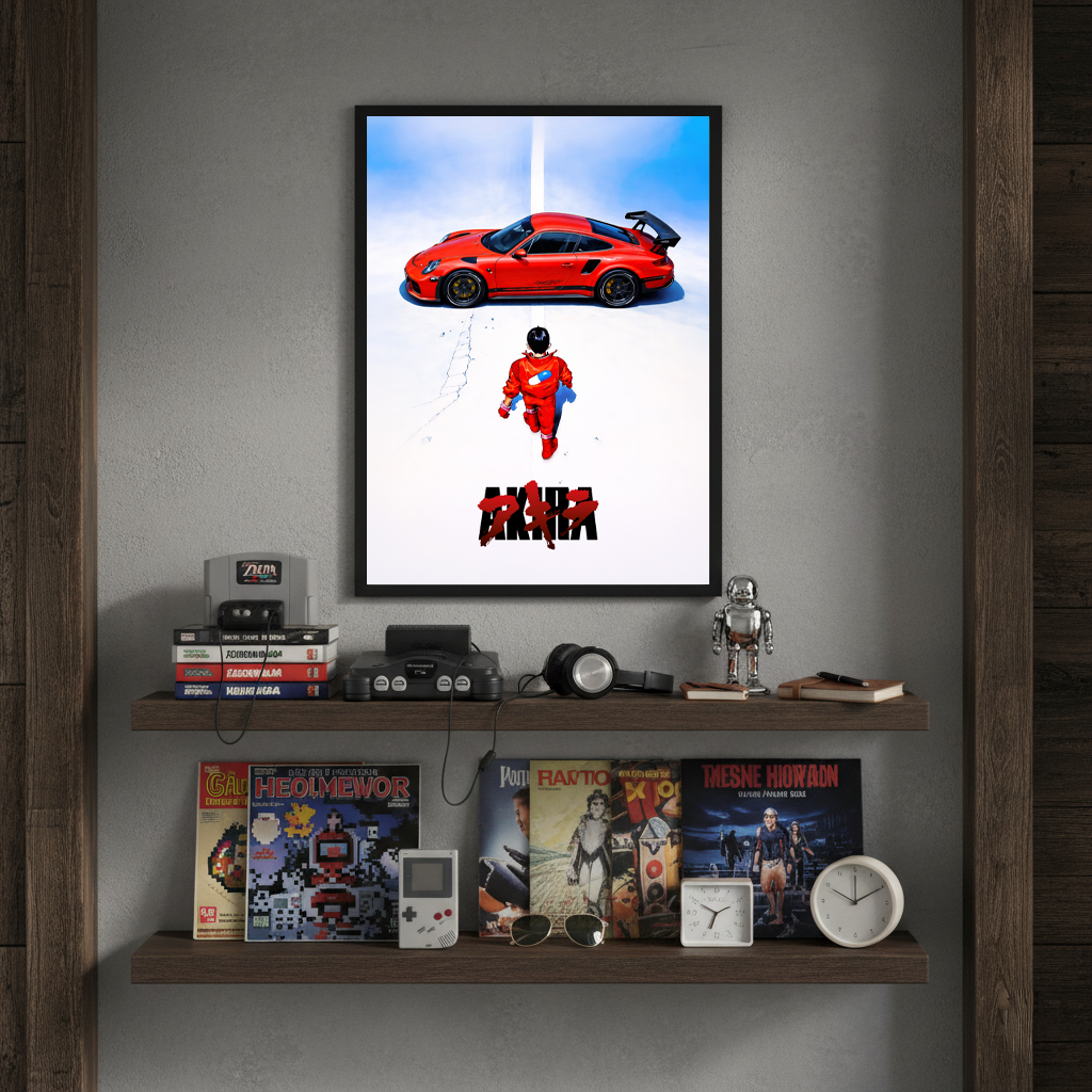 Anime Porsche framed poster displayed on shelf setup with retro decor, modern men wall art
