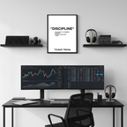 “DISCIPLINE” motivational framed poster above dual monitor desk setup, modern tech workspace with hypebeast and designer wall decor style