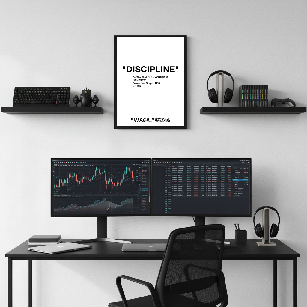 “DISCIPLINE” motivational framed poster above dual monitor desk setup, modern tech workspace with hypebeast and designer wall decor style