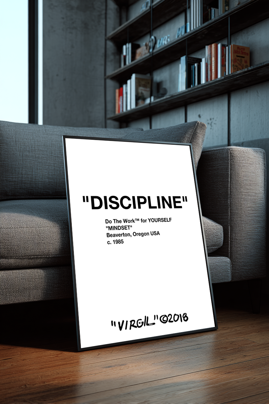 Minimalist “DISCIPLINE” framed poster leaning against a modern couch in a designer living room, black and white hypebeast wall art aesthetic