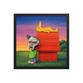 Framed poster featuring a masked cartoon character in a green hoodie standing next to a red doghouse with a yellow dog on top, inspired by classic comic and cartoon style.