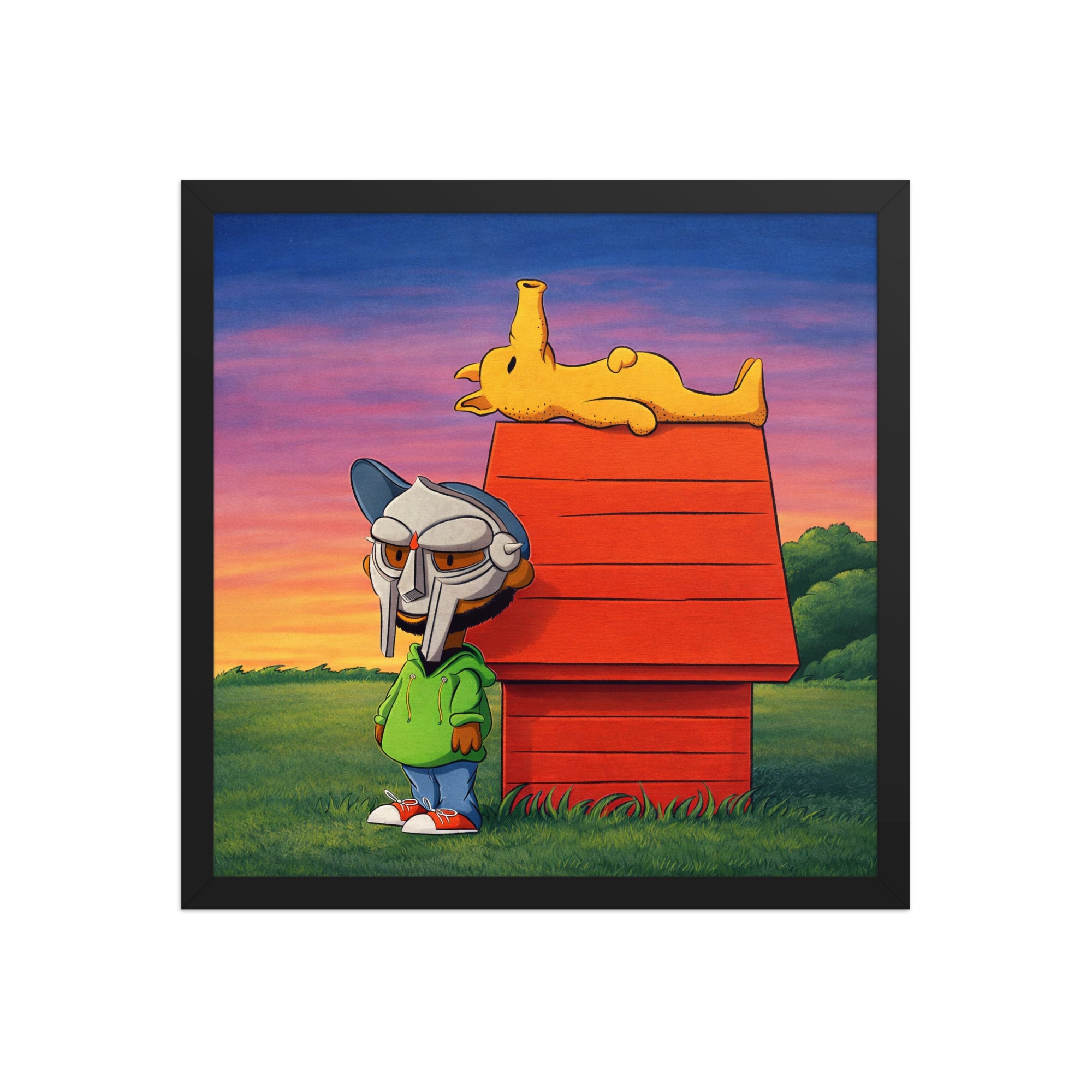 Framed poster featuring a masked cartoon character in a green hoodie standing next to a red doghouse with a yellow dog on top, inspired by classic comic and cartoon style.