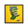 Super Villain framed poster featuring a masked cartoon character in a green hoodie holding a microphone on a bright yellow background, inspired by retro platform game style and street art.