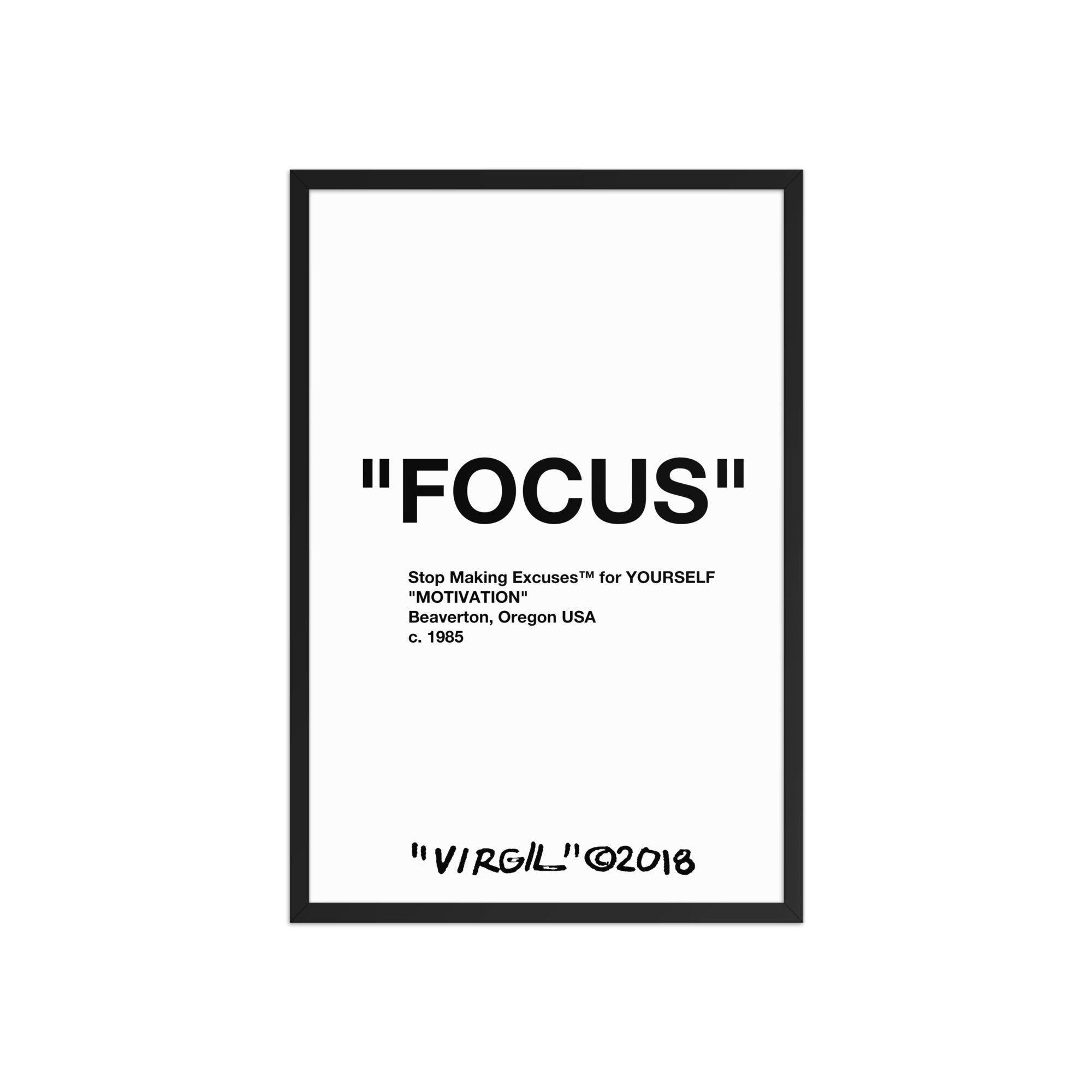 Close-up of “FOCUS" framed poster on wall, minimalist black and white designer wall art with hypebeast-inspired typography
