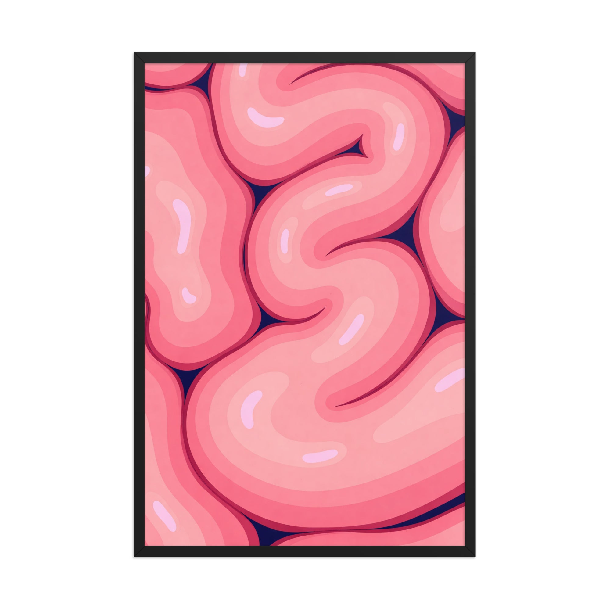 Brain Melt framed wall art featuring a fluid pink abstract composition with bold, playful shapes and a modern graphic style.