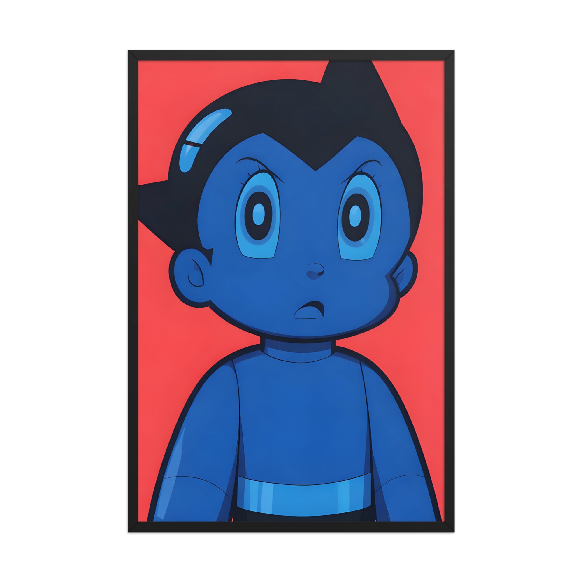 Astro Boy framed poster featuring a portrait of Astro Boy on a vivid red background.
