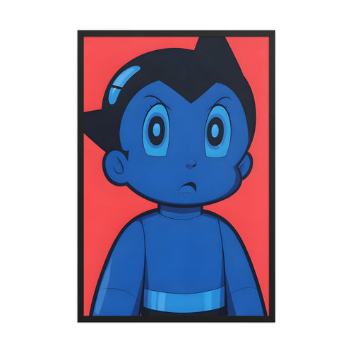 Astro Boy framed poster featuring a portrait of Astro Boy on a vivid red background.