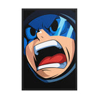 Full Charge framed poster inspired by Mega Man, featuring a close-up blue character face with an intense expression on a black background.