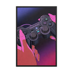 Press Start framed poster featuring an anime-inspired PlayStation 2 controller illustration with neon pink and purple tones.