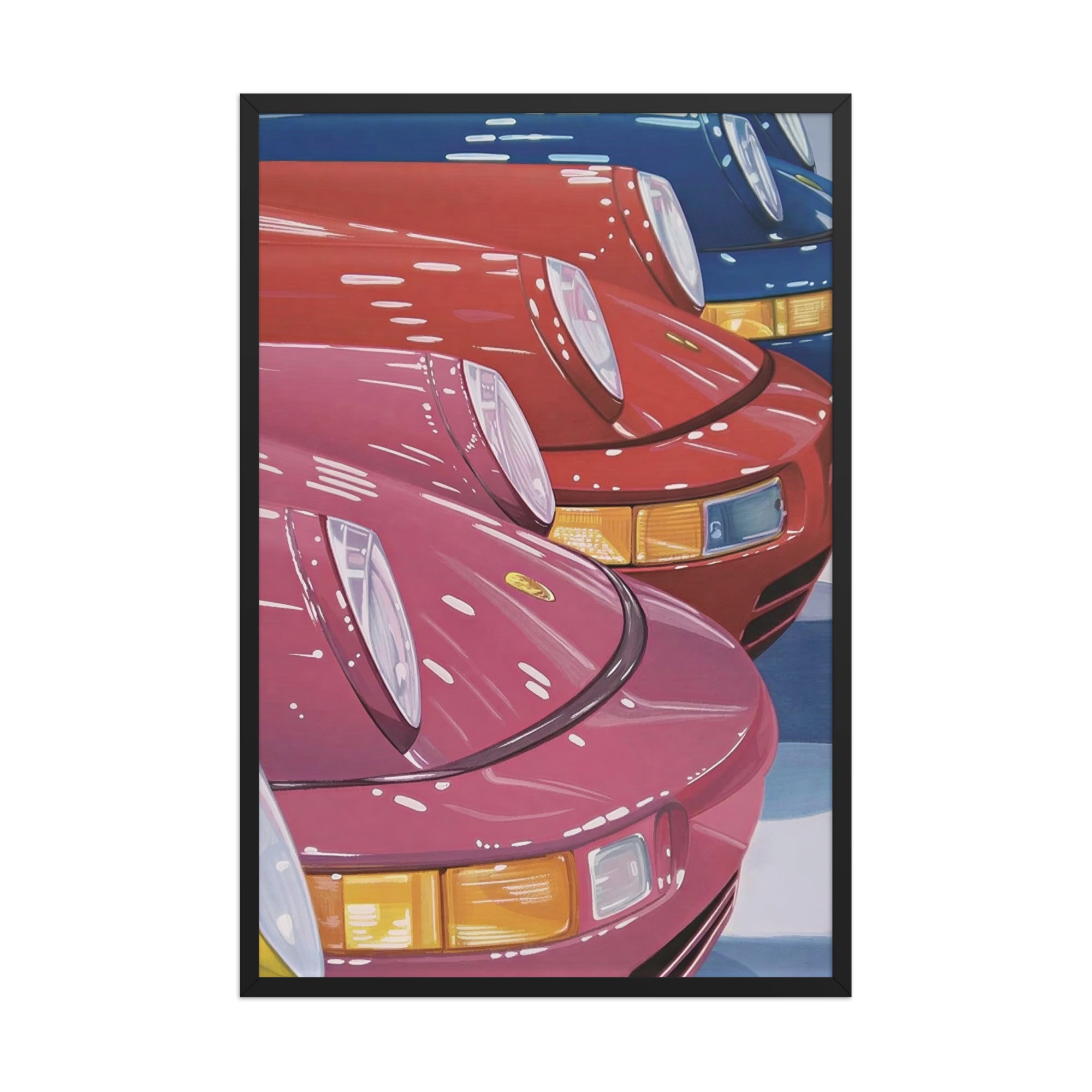 Colored Porsche framed poster featuring a stylized lineup of pink, red, and blue Porsche front ends in a clean automotive composition.