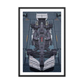 Black Gundam F1 framed poster featuring a top-down anime-inspired Formula 1 car design with dark mechanical detail.