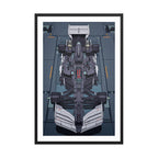 Black Gundam F1 framed poster featuring a top-down anime-inspired Formula 1 car design with dark mechanical detail.
