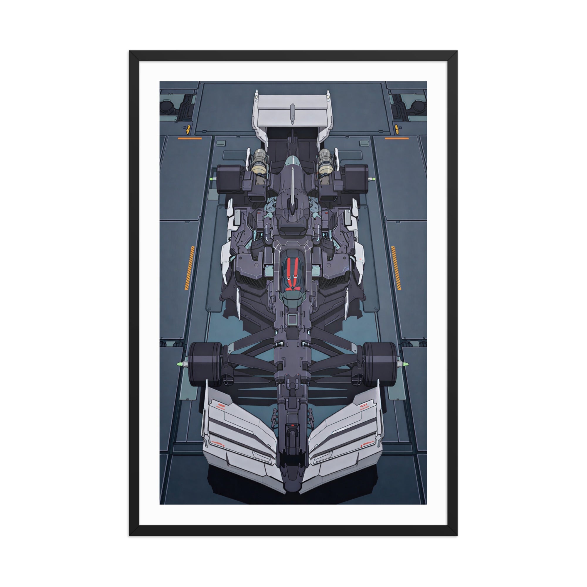 Black Gundam F1 framed poster featuring a top-down anime-inspired Formula 1 car design with dark mechanical detail.