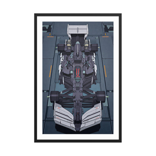 Black Gundam F1 framed poster featuring a top-down anime-inspired Formula 1 car design with dark mechanical detail.
