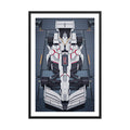 White Gundam F1 framed poster featuring a top-down anime-inspired Formula 1 car design with white mechanical bodywork and sci-fi detail.