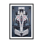 White Gundam F1 framed poster featuring a top-down anime-inspired Formula 1 car design with white mechanical bodywork and sci-fi detail.
