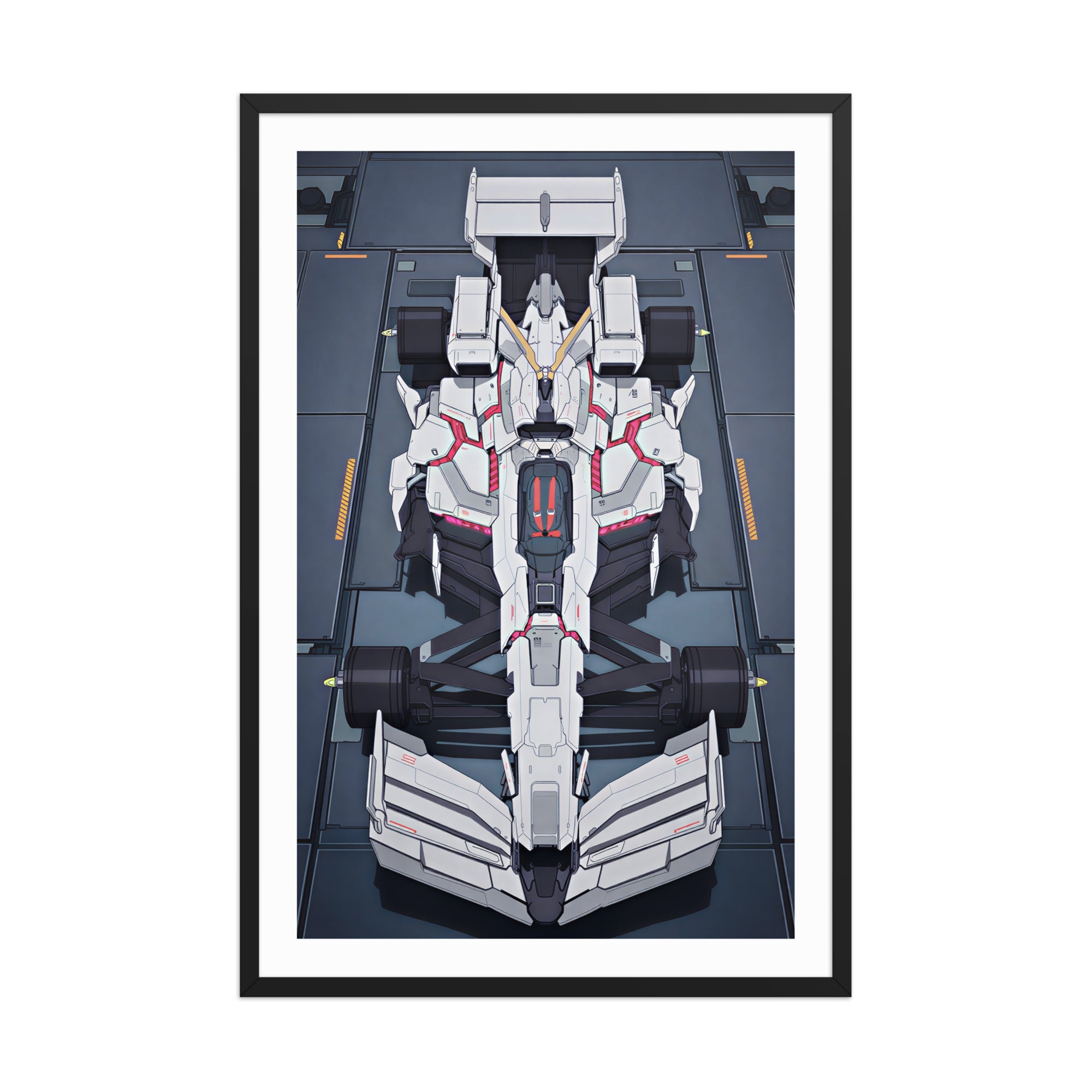 White Gundam F1 framed poster featuring a top-down anime-inspired Formula 1 car design with white mechanical bodywork and sci-fi detail.