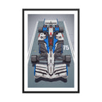 Blue Gundam F1 framed poster featuring a top-down anime-inspired Formula 1 car design with blue, white, and red mechanical detail.