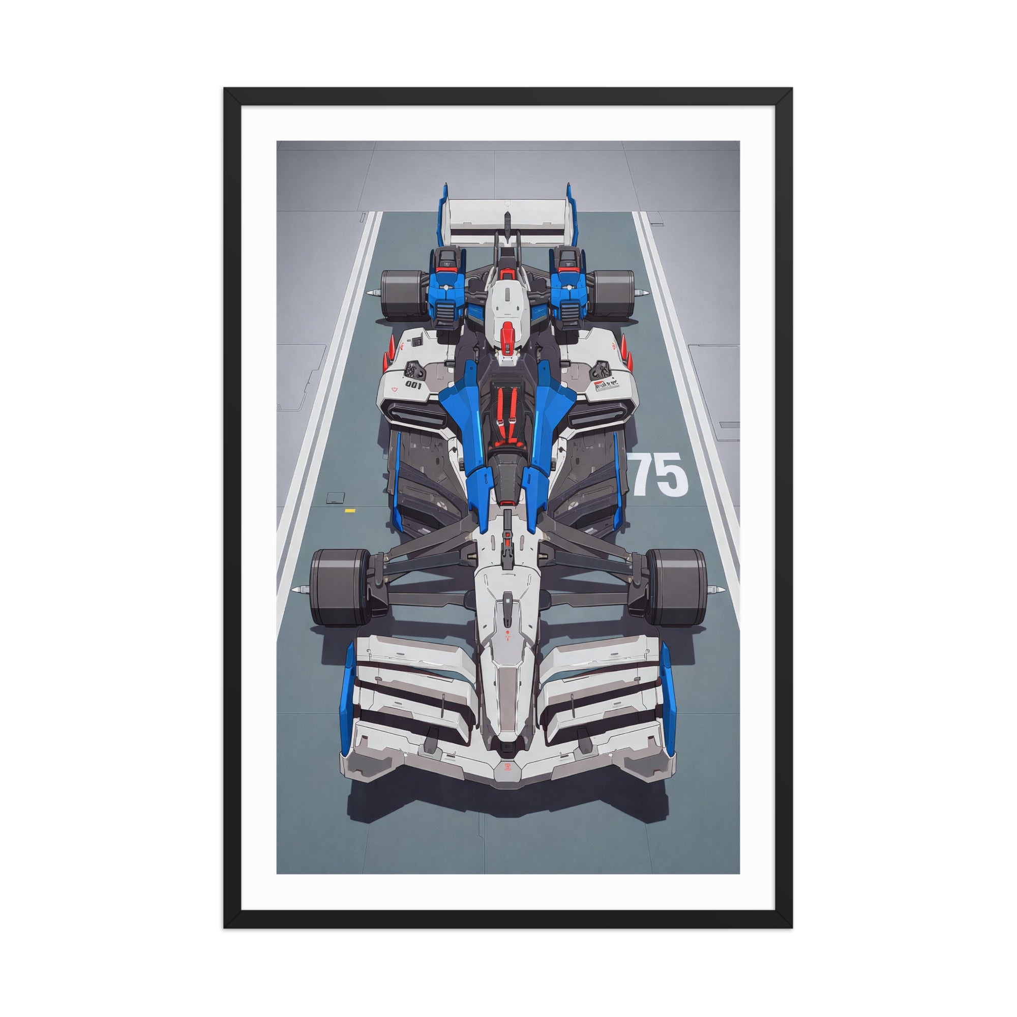 Blue Gundam F1 framed poster featuring a top-down anime-inspired Formula 1 car design with blue, white, and red mechanical detail.