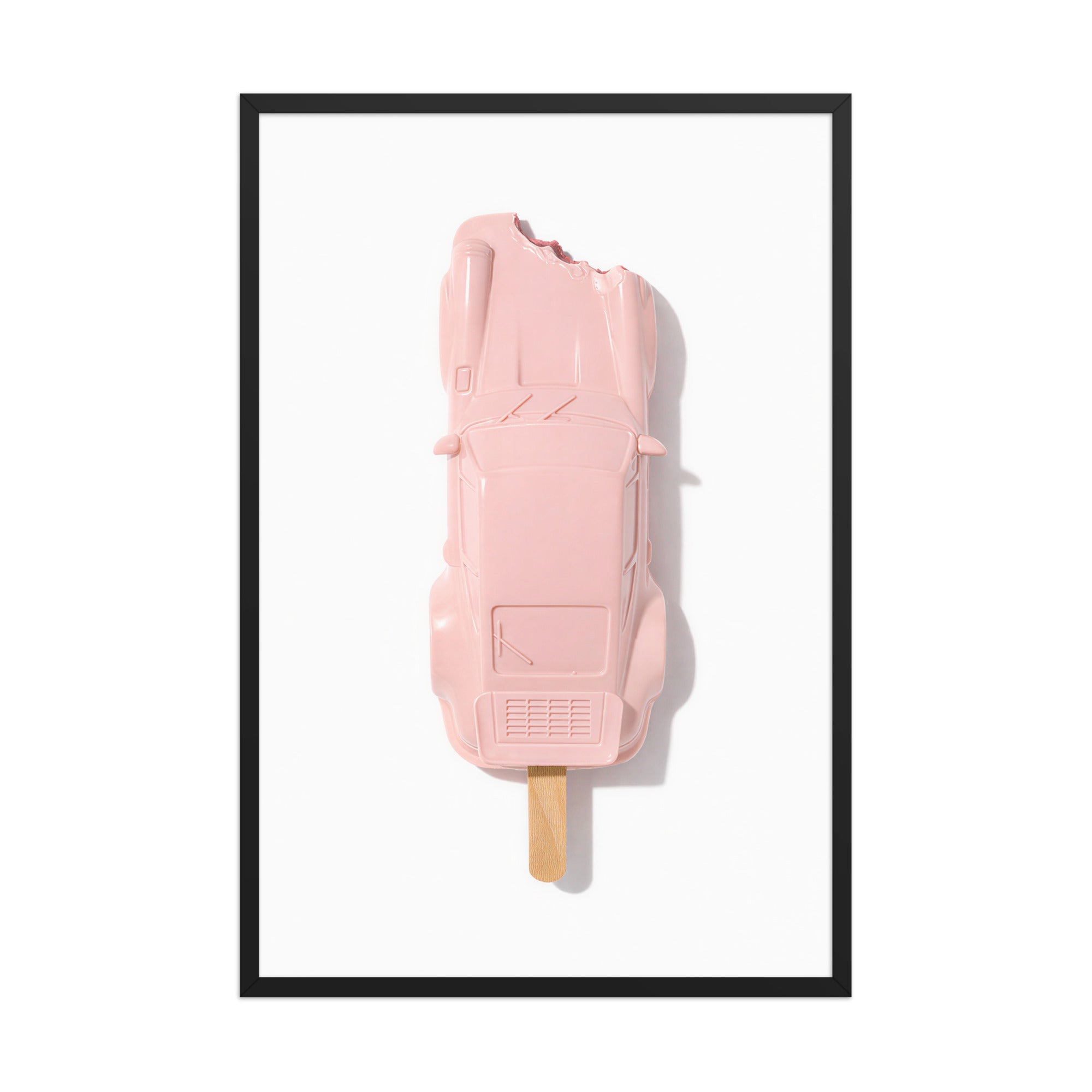 911 Popsicle framed poster featuring a pastel pink Porsche-inspired car shaped like a popsicle on a clean white background.
