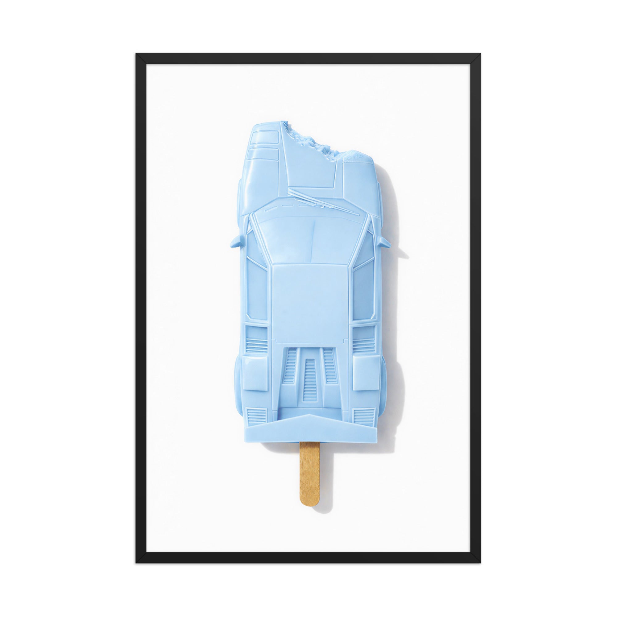 Countach Popsicle framed poster featuring a pastel blue Lamborghini-inspired car shaped like a popsicle on a clean white background.