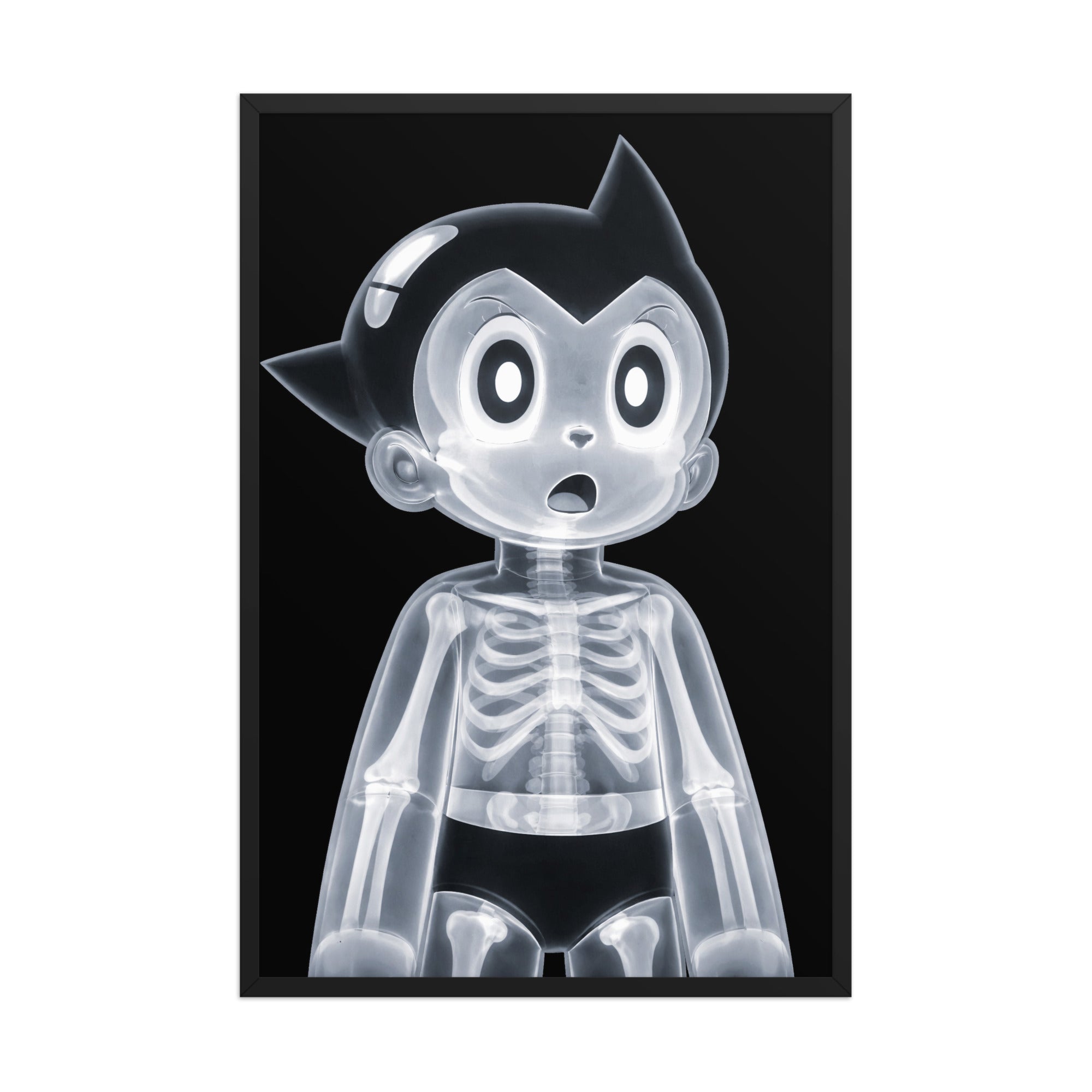 X-Rayed Astro framed poster featuring a translucent Astro Boy-inspired figure with X-ray skeletal detail on a black background.