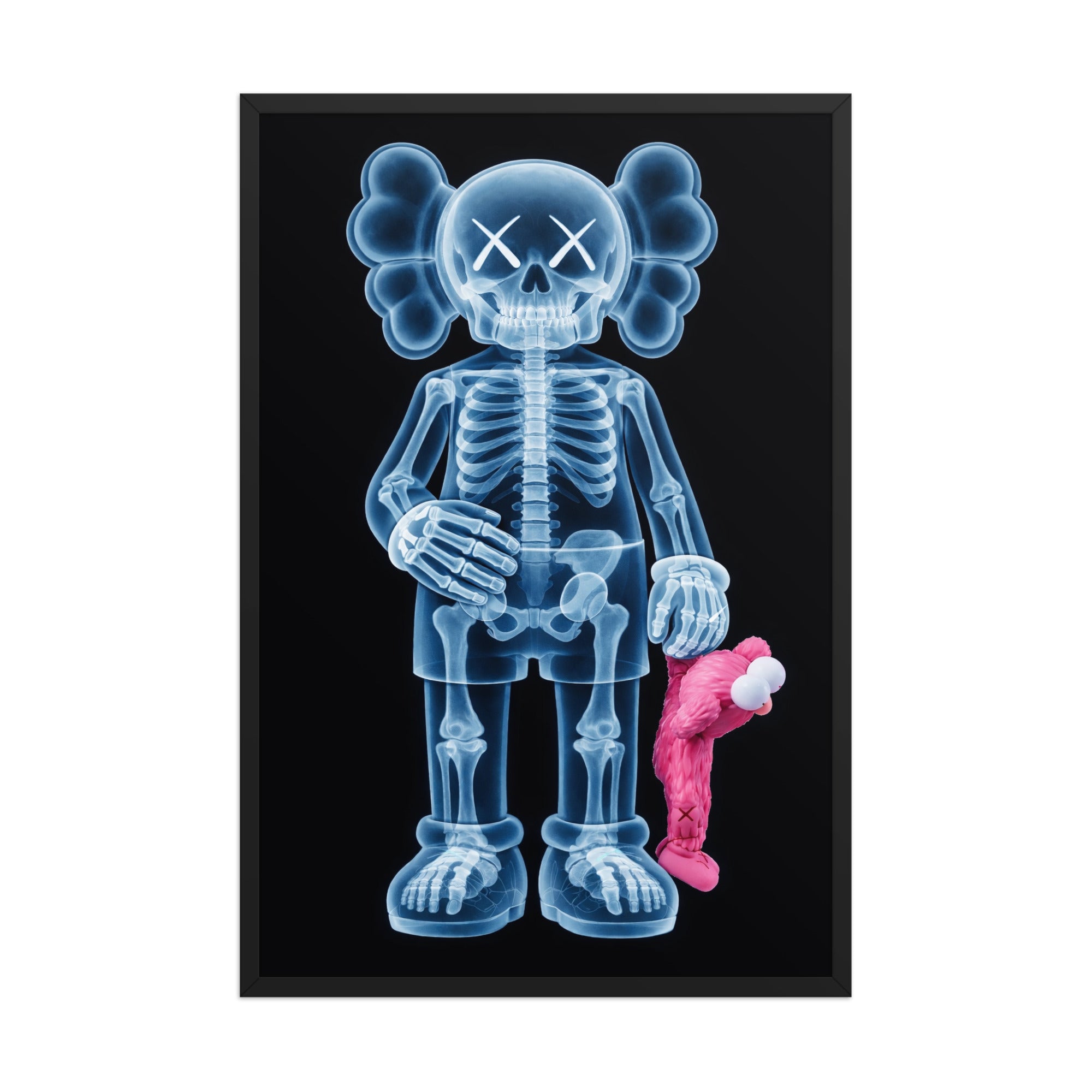 X-Rayed Companion framed poster featuring a translucent designer toy figure with X-ray skeletal detail and a pink companion on a black background.