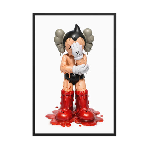 Astro Melt framed poster featuring a melting Astro Boy-inspired figure with KAWS-style designer toy details on a white background.