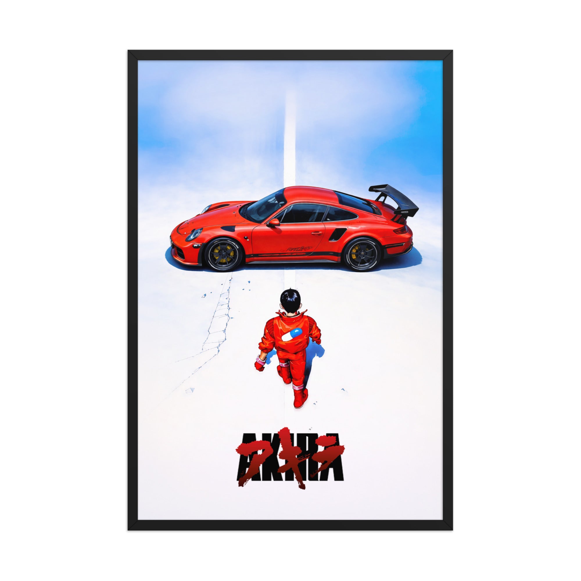 Anime Porsche framed poster featuring a red sports car and figure, modern wall art for men