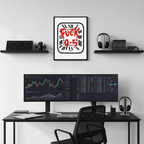 F*** 9-5 framed poster displayed above a modern desk setup with dual monitors, shelves, headphones, and clean workspace decor.