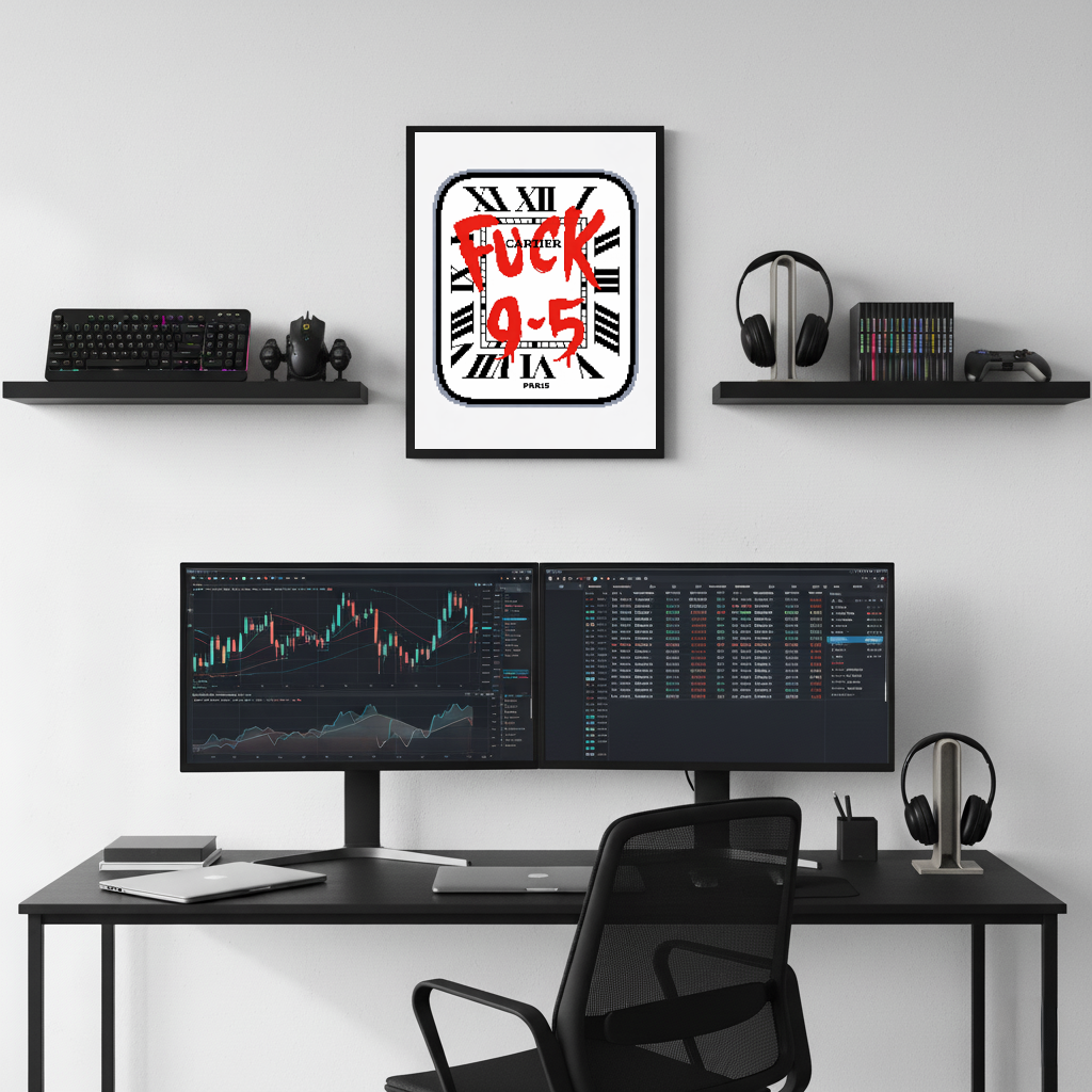 F*** 9-5 framed poster displayed above a modern desk setup with dual monitors, shelves, headphones, and clean workspace decor.