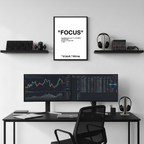 “FOCUS” motivational framed poster above dual monitor desk setup, modern tech workspace with hypebeast and designer wall decor style