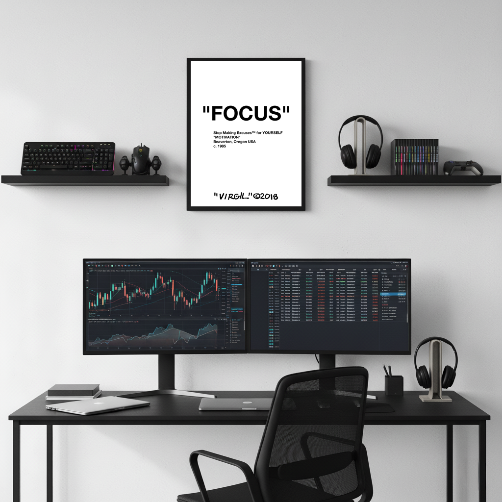 “FOCUS” motivational framed poster above dual monitor desk setup, modern tech workspace with hypebeast and designer wall decor style