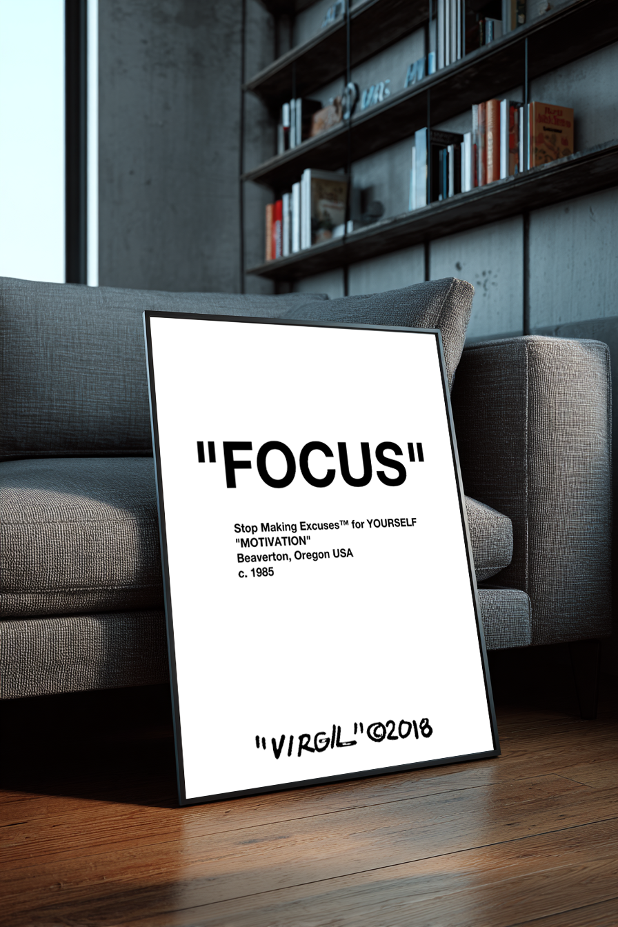 Minimalist “FOCUS” framed poster leaning against a modern couch in a designer living room, black and white hypebeast wall art aesthetic