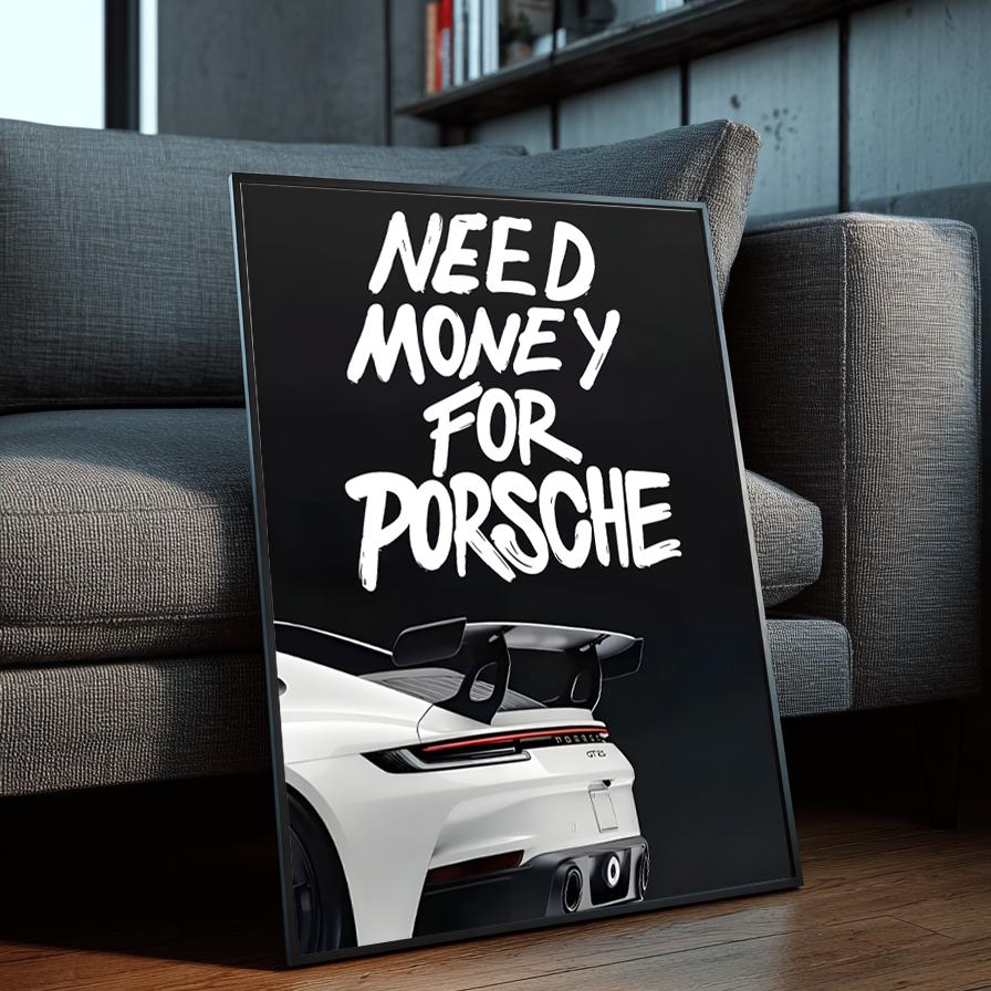Need Money for Porsche framed poster leaning against a gray sofa in a modern interior with wood floors, bookshelves, and contemporary decor.