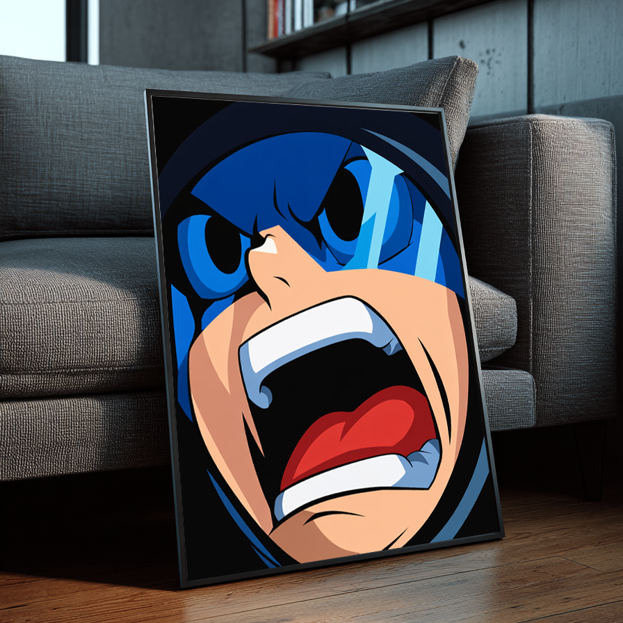 Full Charge framed poster inspired by Mega Man, leaning against a gray sofa in a modern interior with wood floors and bookshelves.