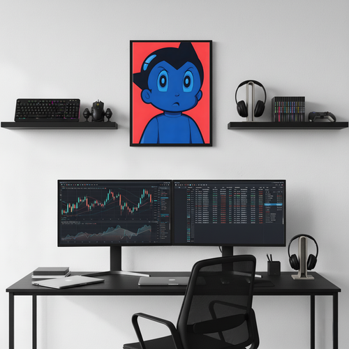 Astro Boy framed poster displayed above a modern desk setup with dual monitors, shelves, headphones, and clean workspace decor.