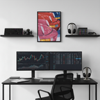 Colored Porsche framed poster displayed above a modern desk setup with dual monitors, shelves, headphones, and clean workspace decor.