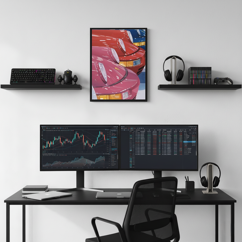 Colored Porsche framed poster displayed above a modern desk setup with dual monitors, shelves, headphones, and clean workspace decor.