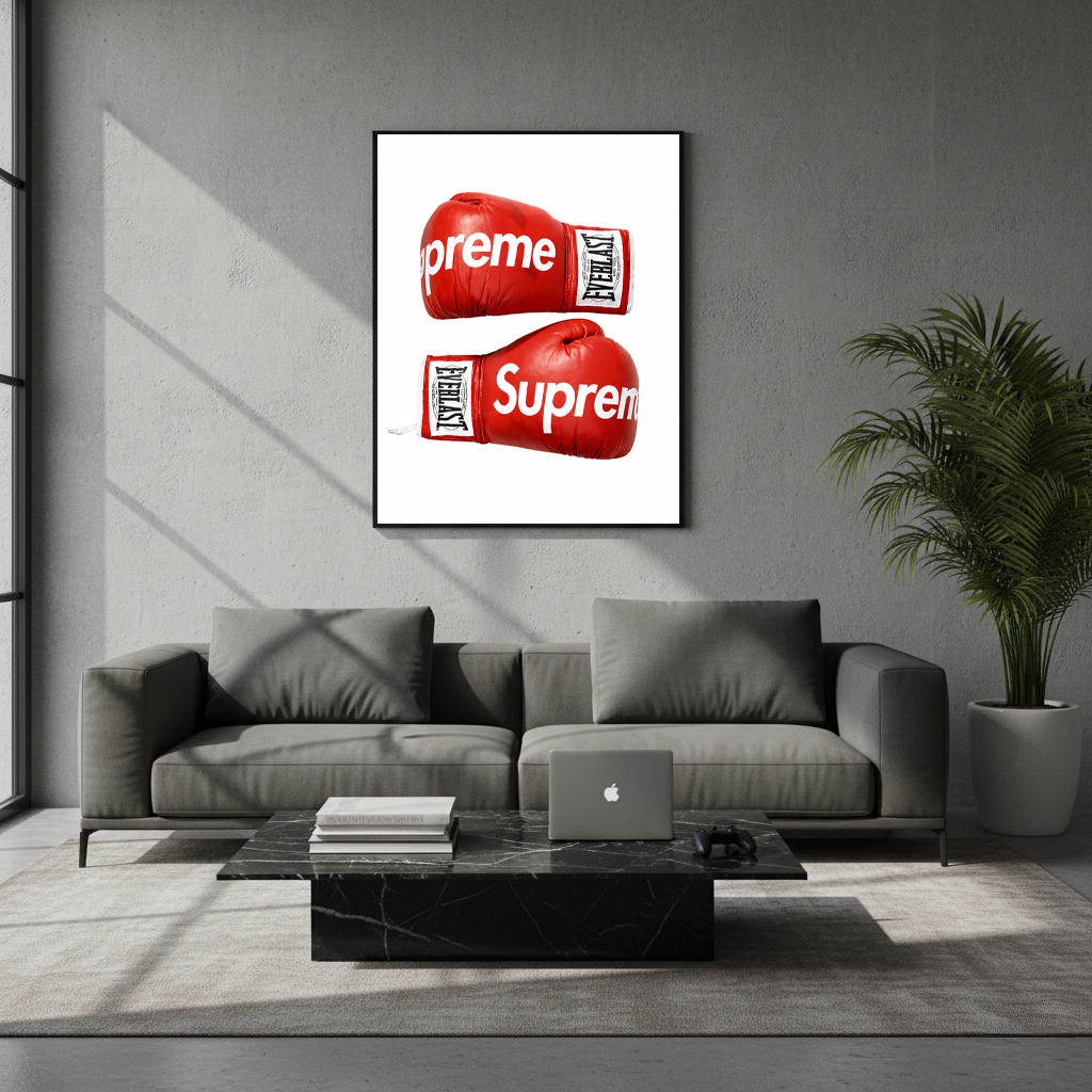 Designer-inspired boxing gloves framed poster in modern living room with neutral decor