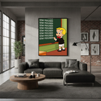 Stay Focused framed poster inspired by Richie Rich, displayed above a gray sectional in a modern living room with industrial decor.