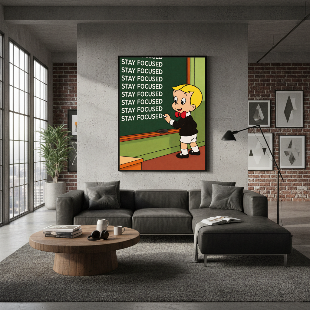 Stay Focused framed poster inspired by Richie Rich, displayed above a gray sectional in a modern living room with industrial decor.