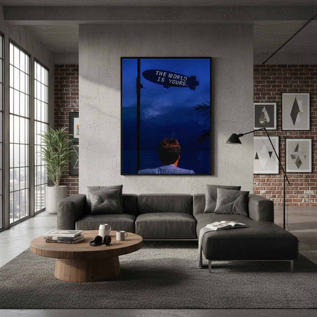 The World Is Yours framed wall art displayed above a gray sectional in a modern living room with industrial decor and large windows.