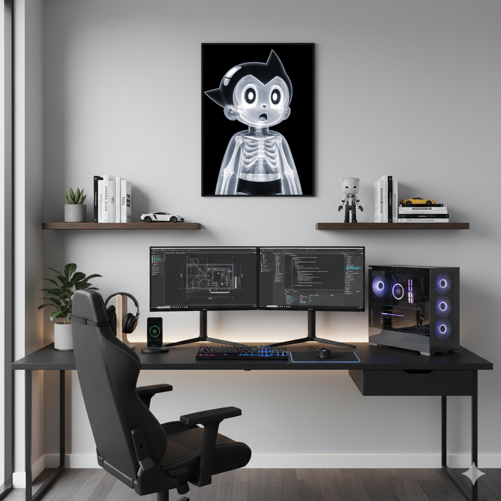 X-Rayed Astro framed poster displayed above a modern desk setup with dual monitors, shelves, and clean workspace decor.