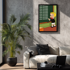Stay Focused framed poster inspired by Richie Rich, displayed above a light sofa in a modern interior with natural light and indoor plants.