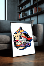 Anime-inspired skull collage framed poster leaning against couch in modern living room